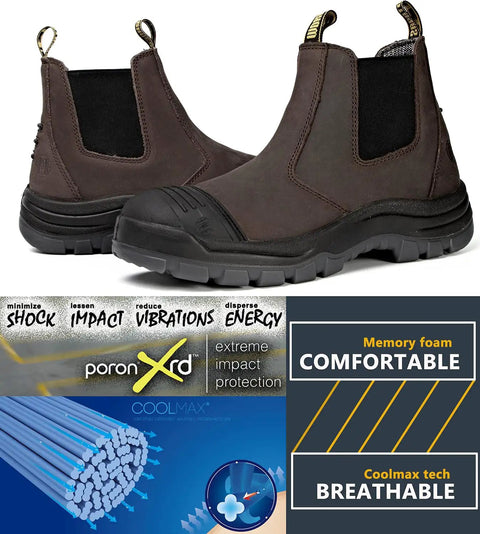 Soft Toe Waterproof Slip On Work Boots For Men With Wide Toe Box Slip Resistant Anti Static Safety Shoes For Tough Job Sites Lightweight Leather Construction Durable Comfort For Daily Wear Sizes 9 10 11 12 13