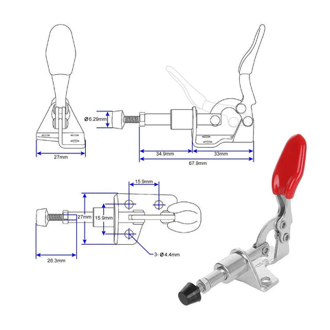 10 Pack Toggle Clamps Quick Release Pull Latch For Welding And Woodworking With Adjustable Rubber Grip and Flange Base with dimensions and detailed design.