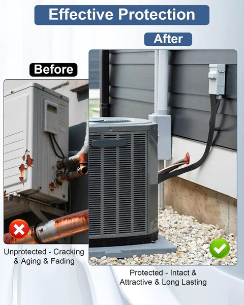 Before and after images of an HVAC unit, showing the Weatherproof Copper Pipe Insulation Cover For Outdoor HVAC 72x10.2 Inch Beefy 600D Oxford Fabric Black Exterior AC Line Wrap Winter Protection For Central Air Mini Split