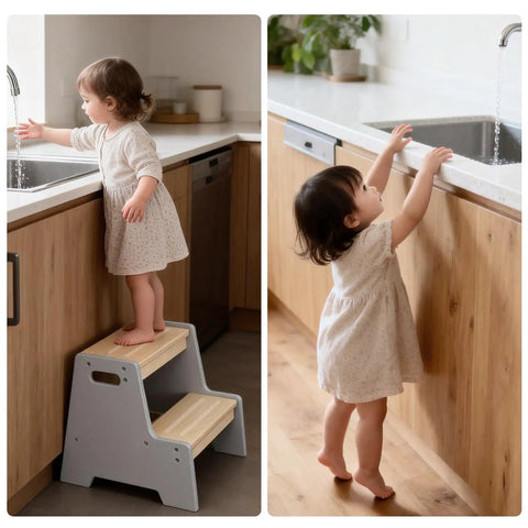 Rock Solid Wood Two Tier Step Stool For Kids Built Tough With Slip Secure Bottom Pads For Bathroom Sink And Kitchen Counter Toddler Ladder Kid Tested And Approved For Daily Use
