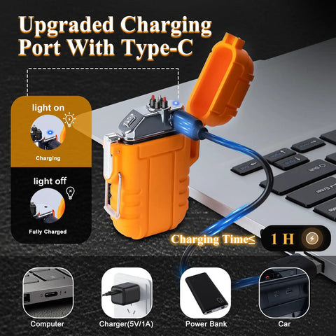 Waterproof Outdoor Lighter USB C Rechargeable Windproof Flameless Dual Arc Plasma Lighter charging via USB-C cable