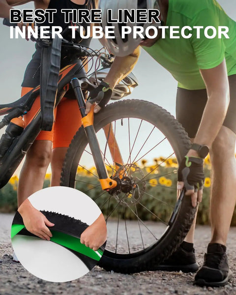 Cyclists installing Fat Bike Tire Liner Flat Protector for 20 to 29 Inch Fat Bicycles with inset of tire liner material