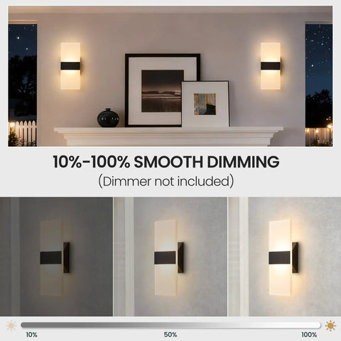 Sleek Black Modern LED Wall Sconce Dimmable Indoor Lighting Adjustable 5CCT Shade Hardwired Wall Lamp For Living Room Bedroom Bathroom Damp Rated 12 Inch displaying a smooth dimming feature in three stages of brightness.