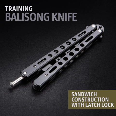 Black Stainless Steel Balisong Trainer With Safe Unsharpened Blade And Sure Spring Latch Fully Dull Practice Knife