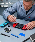Man using 130 In 1 Precision Screwdriver Set Mini Repair Kit on game console with screwdriver and tools on table