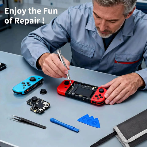 Man using 130 In 1 Precision Screwdriver Set Mini Repair Kit on game console with screwdriver and tools on table