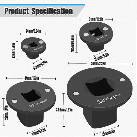 Premium Low Profile Heavy Duty Socket Adapter Set With Magnetized Ratcheting Wrench Extenders For Tight Spaces And Confined Engine Bays Perfect For Serious Repair Jobs On Your Ride. Product specification chart showing four adapter sizes with measurements.