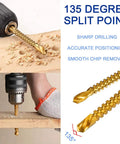 Heavy Duty Six Piece Titanium Coated Twist Drill Bit Set For Wood Metal Plastic Drilling, 135 degree split point detail.