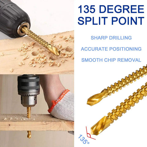 Heavy Duty Six Piece Titanium Coated Twist Drill Bit Set For Wood Metal Plastic Drilling, 135 degree split point detail.