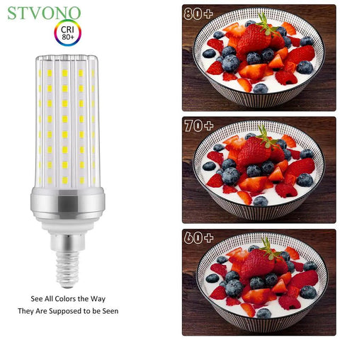 4 Pack E12 LED Bulbs 20W Candelabra Style Light Bulbs 150W Equivalent Daylight White 6000K 2000 Lumens Non Dimmable next to CRI color comparison with fruit bowl