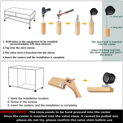Diagram showing installation process for Two Inch Caster Wheels Set Of Four With Five Sixteenth Inch Valve Stem and Rotating Top Plate.