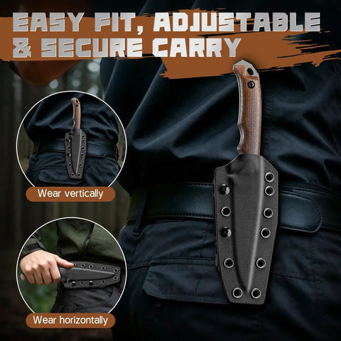 Beast Of A Fixed Blade Knife With D2 Steel Blade Toothed Spine For Outdoor Duty in adjustable Kydex sheath on belt