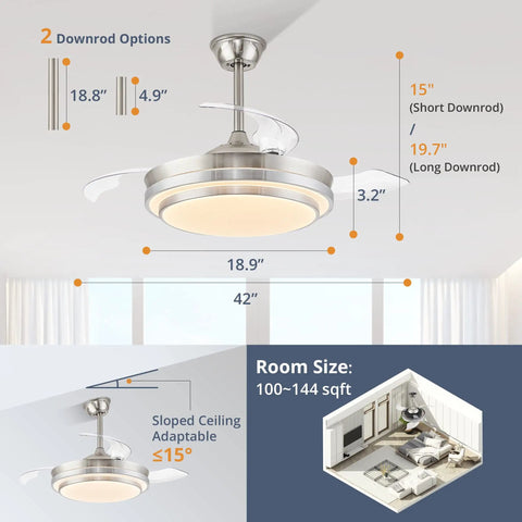 42 Inch Retractable Ceiling Fan With Remote, LED Lighting, And Brushed Nickel Finish, Smart Modern Ceiling Fan installation chart