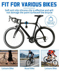 Wall Mounted Bike Repair Stand For Road And Mountain Bikes showing compatibility with various bike types and silicone anti-slip clip.