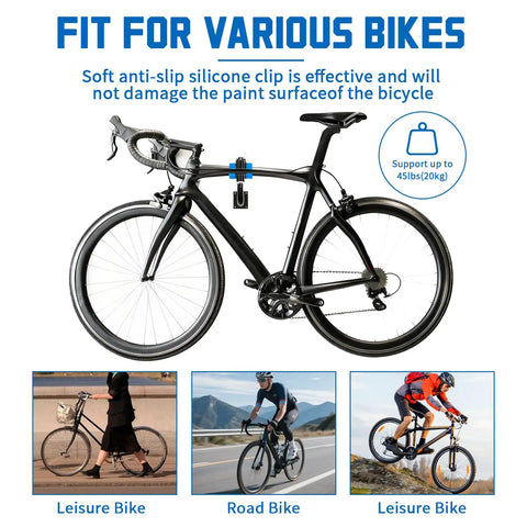 Wall Mounted Bike Repair Stand For Road And Mountain Bikes showing compatibility with various bike types and silicone anti-slip clip.