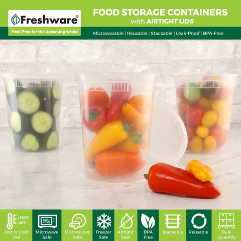 24 Piece 32 Oz Deli Food Storage Containers Set With Airtight Lids Leakproof Stackable BPA Free Meal Prep Containers filled with vegetables