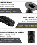 Self Tapping Trailer Deck Screws 1/4-20 x 2 1/2 Flat Head Type F Thread Cutting With Star Drive T30 close-up features