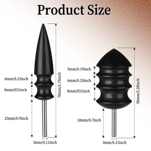 Hella Smooth Rotary Leather Burnisher Bits Set With Multi Groove Polishing Heads For Precision Edge Shaping On Wood And Leather Providing A Sweet Finish For Your Top Shelf Crafting Projects showing size measurements and shapes