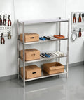 Heavy Duty Stainless Steel Garage Shelves With Adjustable Height And Built Like A Tank Design Supporting 330 Pounds Per Shelf, storing boxes and tools.