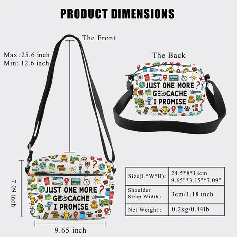 Just One More Geocache I Promise Crossbody Bag front and back view with dimensions, durable canvas, adjustable strap, 9.65 x 7.09 in