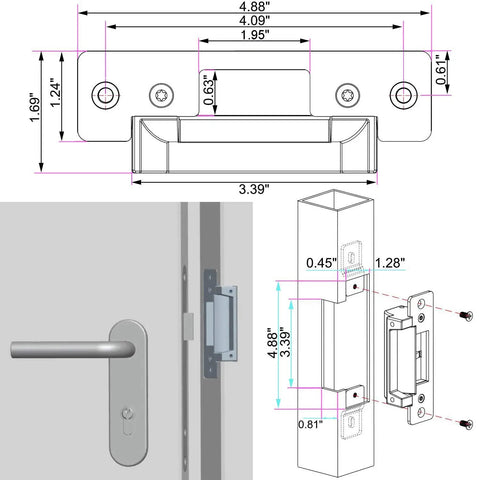 Diagram of Heavy Duty Electric Strike Lock With Adjustable Mode For Fail Safe Or Fail Secure, 2200 Lb Jaw Strength, mounting hardware.
