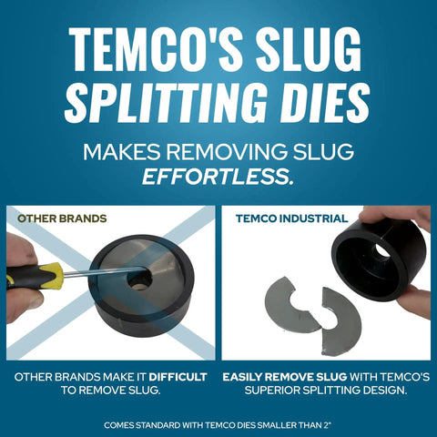 Infographic comparing Temco's slug splitting dies with other brands, showing easy slug removal with Temco design.