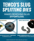 Comparison of Temco's Slug Splitting Dies with other brands, showing easier slug removal with Temco's design.
