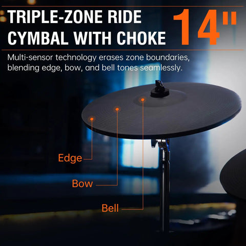Close-up of 14-inch triple-zone ride cymbal from Acoustic-Style Electronic Drum Set With Independent 16-Inch Wooden Bass Drum