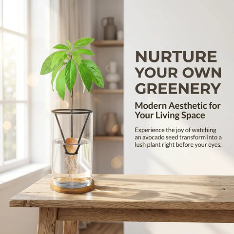 All-In-One Avocado Seed Starter Kit With Glass Vase, Bamboo Base, Rustproof Metal Stand, Cleaning Brush And Decorative Avocado Ornament No Seed Included, Easy Germination In 1 To 2 Months, Totally Giftable For Plant Lovers On Your Desk Or Home Garden