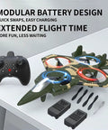 Fighter Mini RC Airplane For Kids And Newbies Hand Launch Stunt Drone With Auto Hover 3D Flips next to controller and accessories