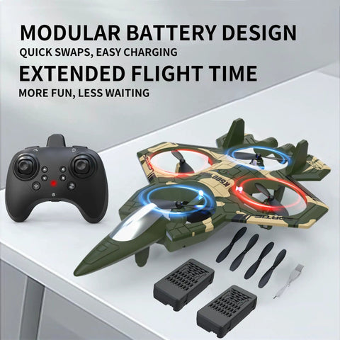 Fighter Mini RC Airplane For Kids And Newbies Hand Launch Stunt Drone With Auto Hover 3D Flips next to controller and accessories
