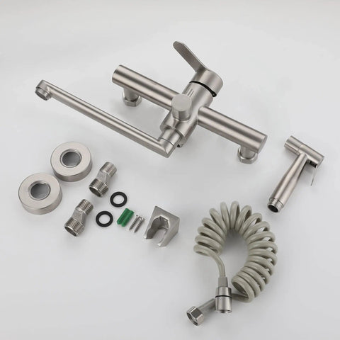 Wall Mount Kitchen Faucet With Side Sprayer, Workhorse Pro Grade Commercial Faucet, Brushed Nickel Stainless Steel, installation kit