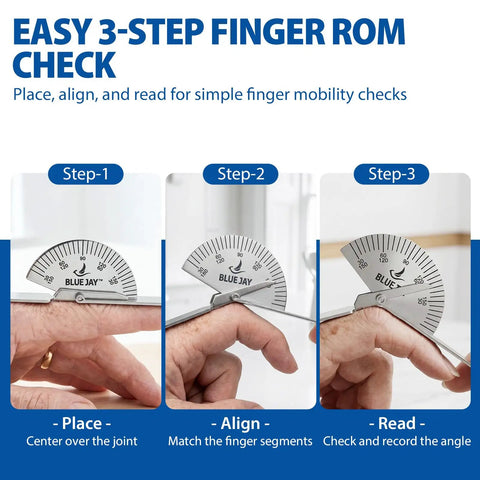 Handy Stainless Steel Finger Goniometer Protractor For Occupational Therapy, Precise 30 To 150 Degree Joint Range Tool, Durable Metal Orthopedic Device To Track Flexibility And Rehab Progress, 3-step finger ROM check