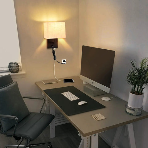 Cozy Plug In Wall Lamp With Dimmer And USB Port, Rustic Contemporary Wall Sconce, lighting a modern desk area
