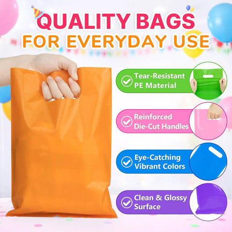 50 Pack Multicolor Party Favor Gift Bags 8x11 Inches With Handles Reusable Plastic Goodie Bags For Candy Snacks Jewelry Crafts Bulk Set For Kids Birthday Parties School Events And Festive Occasions, orange bag with tear-resistant material
