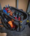 Hard-Body Oval Tool Bucket With Drain Holes And 29 Pockets, Pro Grade Rugged Denier Polyester Organizer With Tools Inside