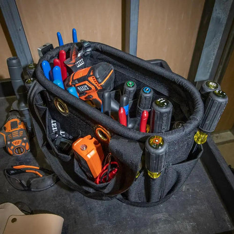 Hard-Body Oval Tool Bucket With Drain Holes And 29 Pockets, Pro Grade Rugged Denier Polyester Organizer With Tools Inside