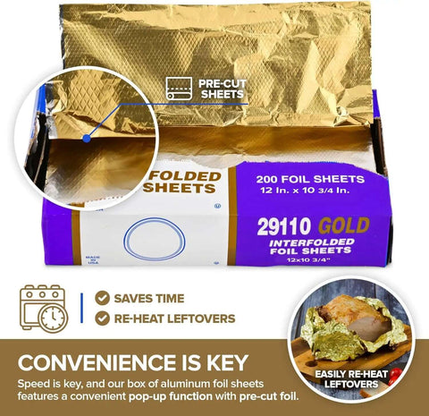 Heavy Duty Aluminum Foil Sheets 12 Inch Pop Up 200 Count Pre Cut For Restaurants And Home Kitchens with open package view