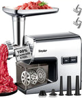 Heavy Duty Electric Meat Grinder Crushing Tough Cuts Up To Five Pounds A Minute Powered By Pure Copper Motor Featuring Robust Metal Gears And Top Shelf 304 Stainless Steel Blades with ground meat ready.