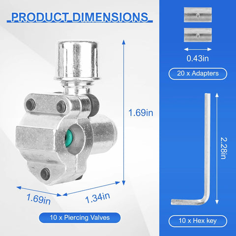 BPV-31 piercing valves, front view; 10-pack for refrigerator pipes, silver metal, fits 1/4, 5/16, 3/8 in OD