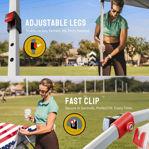 Woman adjusting legs of 10x10 Pop Up Canopy Tent With One Push Setup No Fuss Easy Outdoor Sun Shade For Events Parties And Camping Includes Sto N Go Cover Bag Silver Coated Top And American Flag