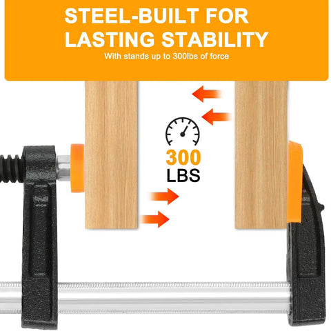 Four 6 Inch F Clamp Set For Woodworking, 300 Lbs Clamping Force demonstrating strong grip on wooden pieces