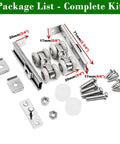 Double Sliding Door Track Hardware Kit For Bypass Doors, showing components including rollers, screws, and tracks, silver color.