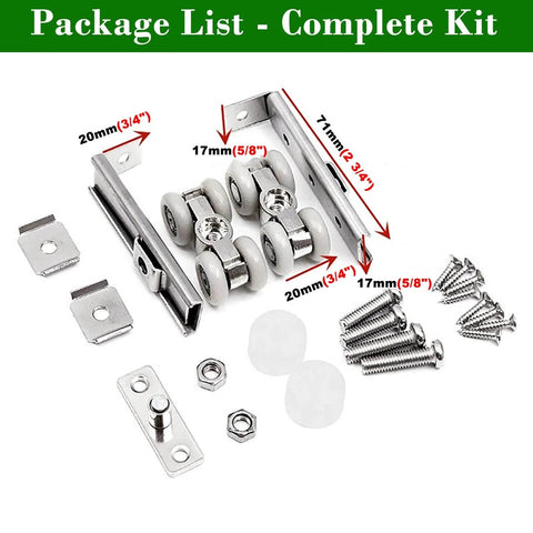Double Sliding Door Track Hardware Kit For Bypass Doors, showing components including rollers, screws, and tracks, silver color.