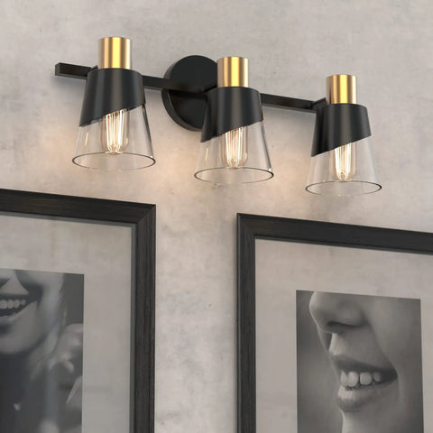 Beveled Edge Matte Black and Gold 3 Light Vanity Light for Bathroom Over Mirror Clear Glass Shade Wall Fixture Vintage Modern Farmhouse Vibe E26 Base Ready 20 Inch Long