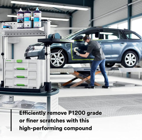 Showroom Ready Car Polishing Kit With Pro Grade Rubbing Compound And Machine Polish in use for ultrafine buffing on car paint.