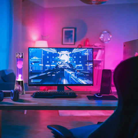 16 Inch Magma Lamp Liquid Motion Galaxy Design with Colormax White Wax in Purple Liquid Decal Base on a desk in a home office