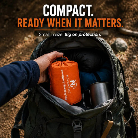 Hand placing Emergency Sleeping Bag Reflective Mylar Heat Retention, Lightweight Portable Survival Gear in backpack outdoors.