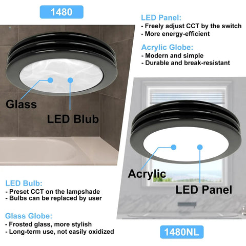 Ultra Quiet Bathroom Exhaust Fan With LED Light 80 CFM 2 Sones Round Ventilation Fan Frosted Glass Cover Matte Black Finish