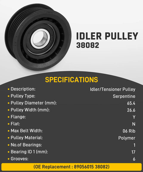 90K-39282D All In One Serpentine Belt Drive Component Kit For 3.6L V6 Chrysler Dodge Cars 2011 To 2019 Includes Drive Belt Tensioner 39282 And Idler Pulley 38082 For Town And Country Grand Caravan Journey Avenger Ram C V idler pulley 38082, 65.4 mm polymer, 6-rib serpentine